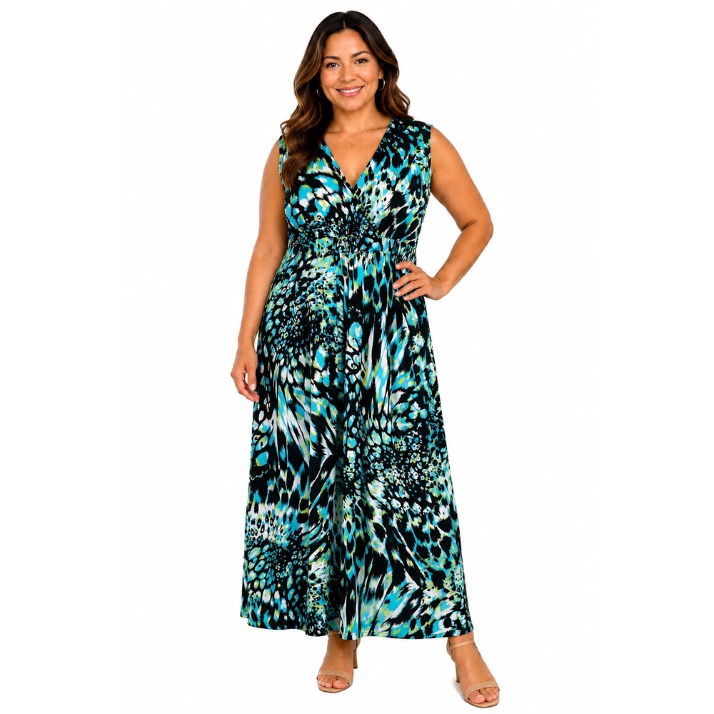 Blair Womens Blue Abstract Animal Print V-Neck Empire Waist Maxi Dress XL 12-14